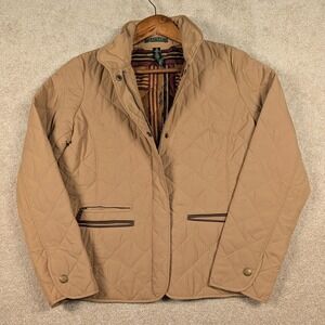 Lauren Ralph Lauren Jacket Womens Medium Beige Quilted Zip Front Lined Pockets